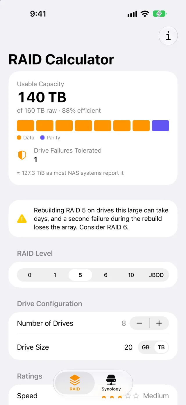 RAID 5 on eight 20 TB drives, showing a rebuild-risk caution suggesting RAID 6