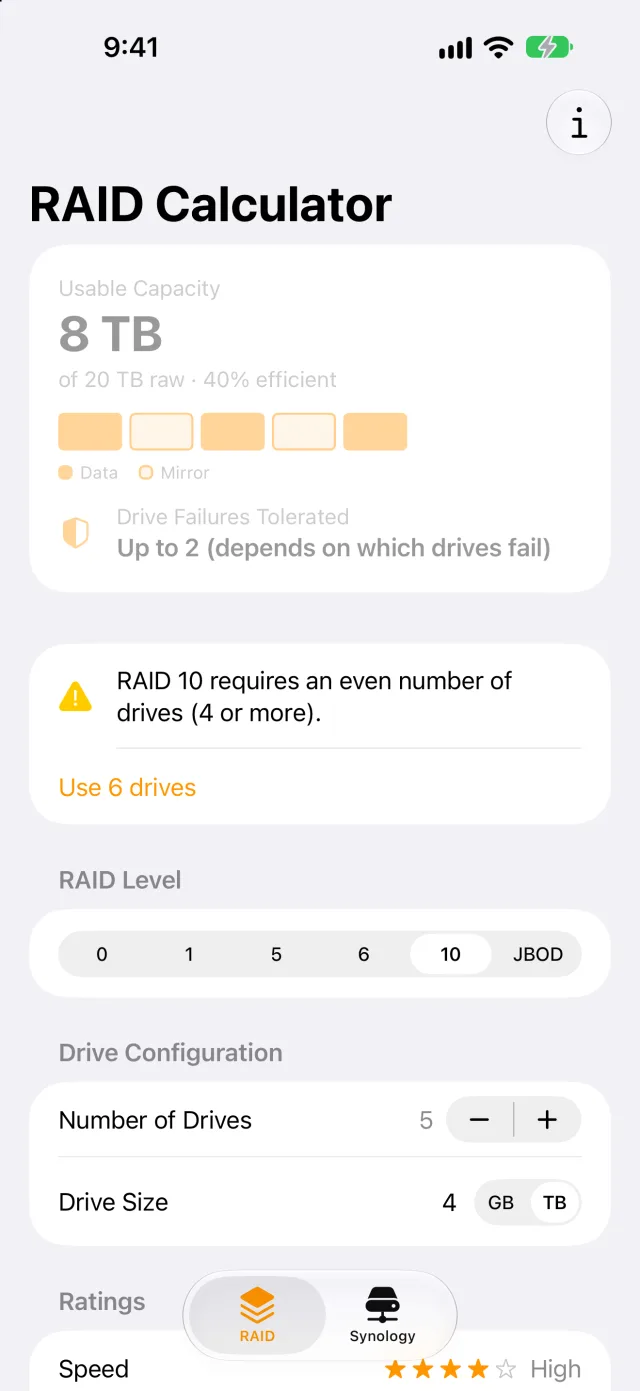 RAID 10 with five drives: results dimmed, with a one-tap Use 6 drives fix
