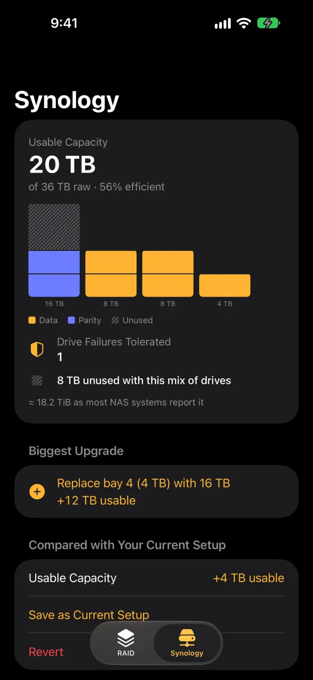The Synology upgrade scene on iPhone in dark mode