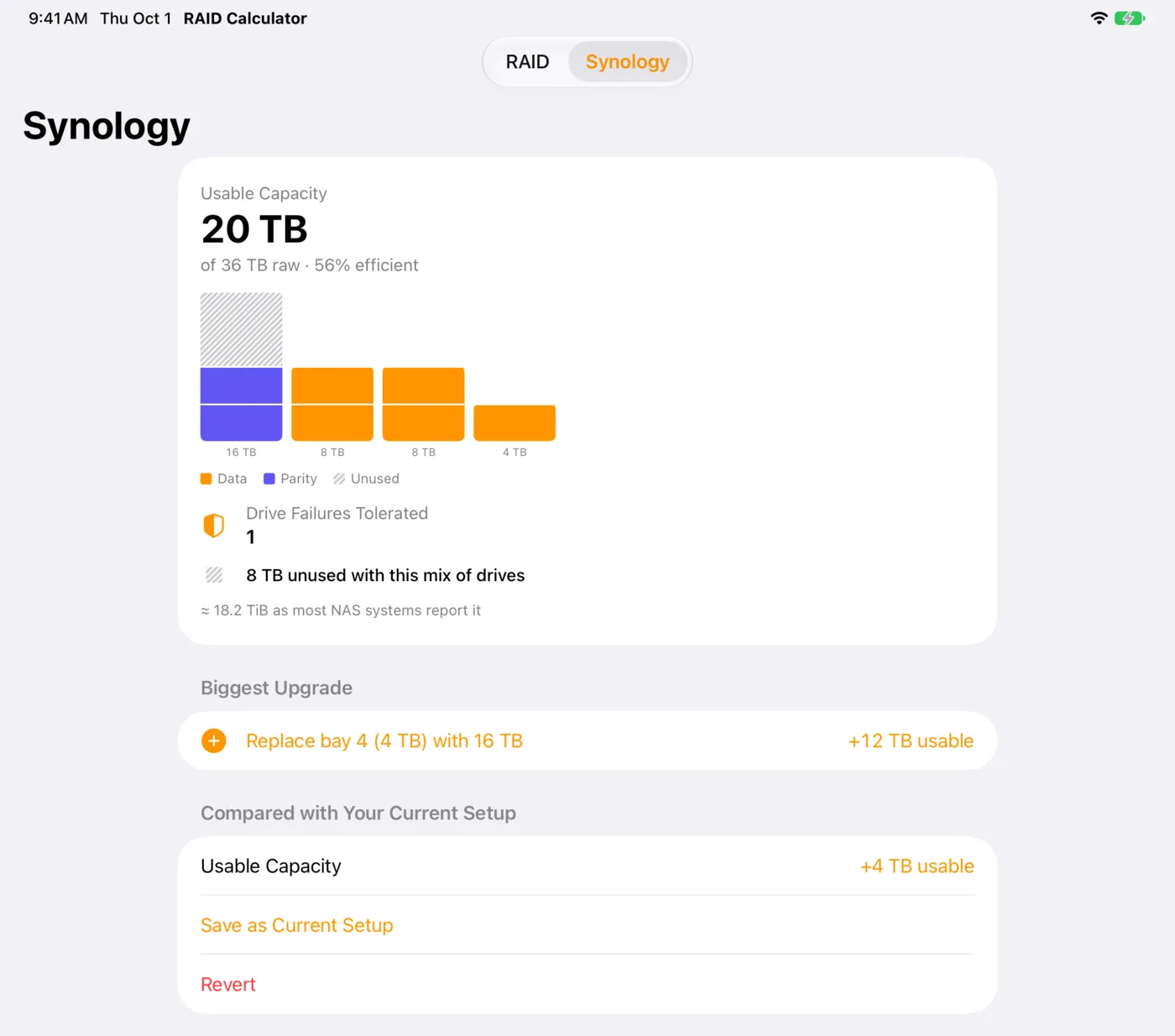 RAID Calculator on iPad: a DS925+ with 16, 8, 8 and 4 TB drives in SHR. 20 TB usable of 36 TB raw, the 16 TB drive’s top 8 TB hatched as unused, “Replace bay 4 (4 TB) with 16 TB, +12 TB usable,” and +4 TB against the current setup