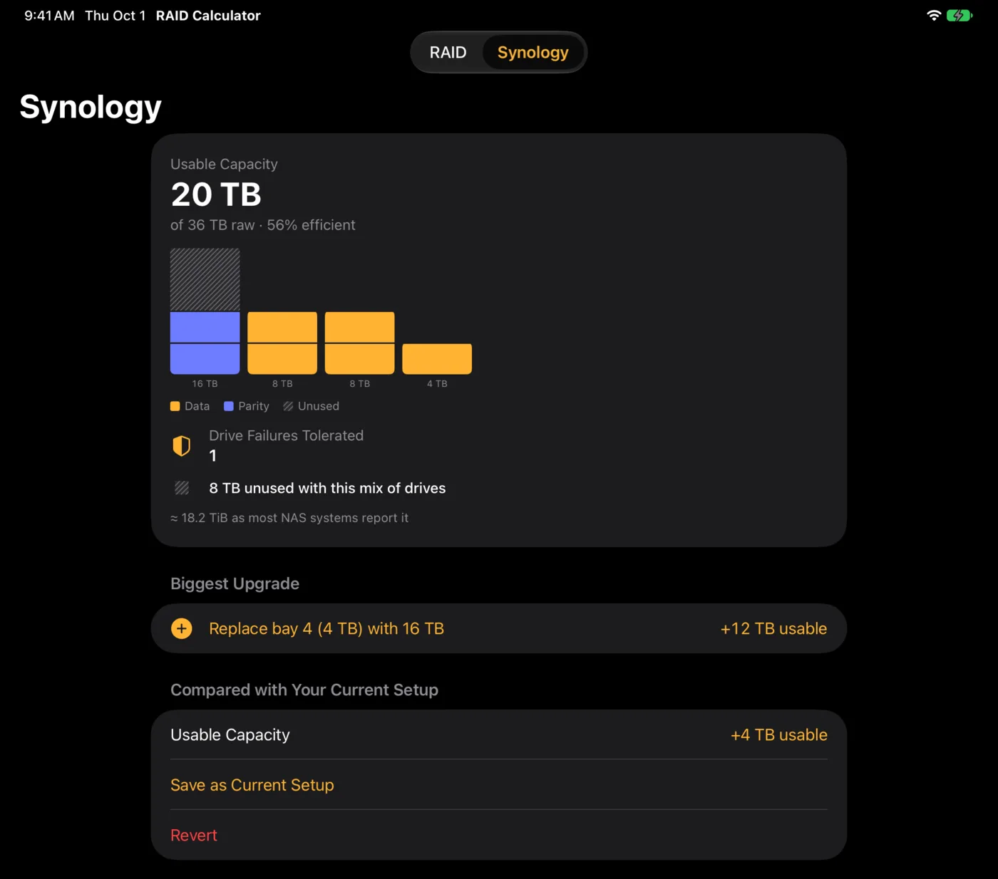 RAID Calculator on iPad in dark mode: the Synology upgrade scene with the bay diagram, biggest upgrade and current-setup comparison
