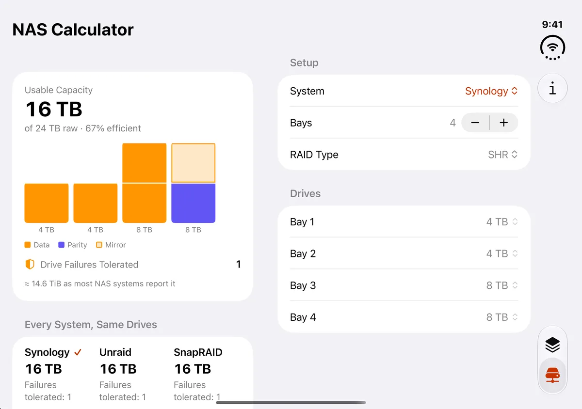 The NAS tab on iPhone Duo’s inner display, open in landscape: results on the left, with 16 TB usable of 24 TB raw from 4, 4, 8 and 8 TB drives in Synology SHR and Synology, Unraid and SnapRAID at 16 TB each; the setup and the four bays on the right