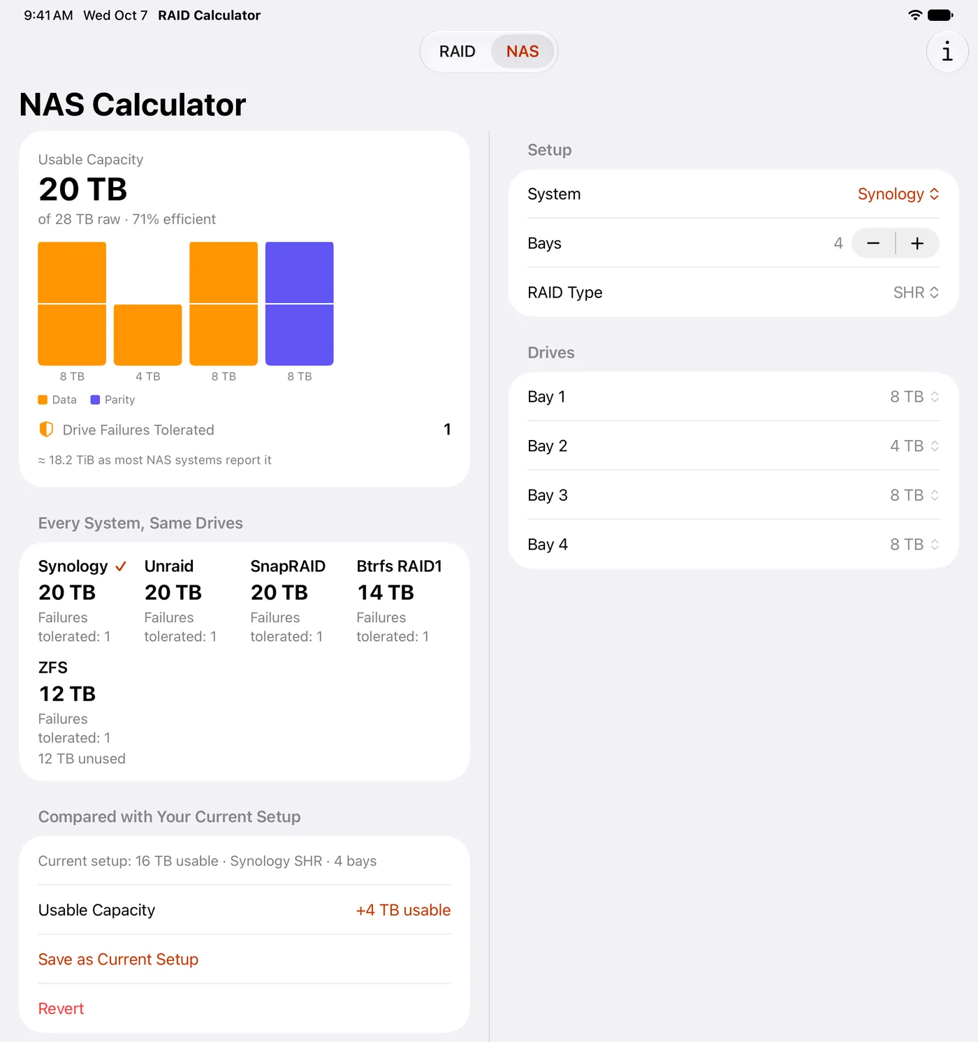 The NAS tab on iPad: 8, 4, 8 and 8 TB drives in Synology SHR, 20 TB usable of 28 TB raw; Synology, Unraid and SnapRAID 20 TB, Btrfs RAID1 14 TB and ZFS 12 TB compared beneath; and, against a current setup of 16 TB usable, +4 TB usable