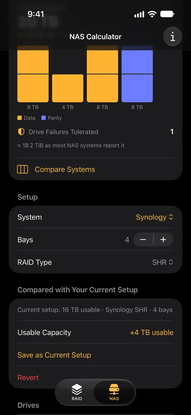 The NAS tab on iPhone in dark mode: 8, 4, 8 and 8 TB drives in Synology SHR, compared with a current setup of 16 TB usable, Synology SHR, 4 bays: +4 TB usable, with Save as Current Setup and Revert