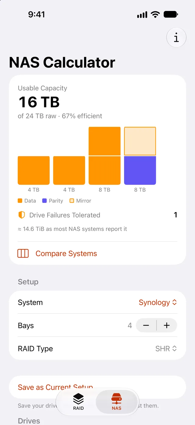 The NAS tab on iPhone: 4, 4, 8 and 8 TB drives in Synology SHR, 16 TB usable of 24 TB raw, 67% efficient, with part of one 8 TB drive as a mirror copy and one drive failure tolerated