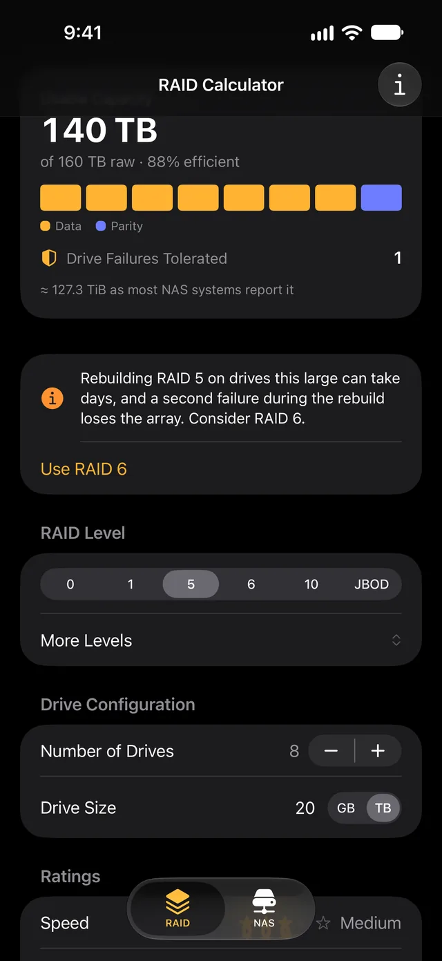 The RAID tab on iPhone in dark mode: RAID 5 on eight 20 TB drives, 140 TB usable of 160 TB raw, with a caution that a rebuild can take days and a one-tap Use RAID 6 button
