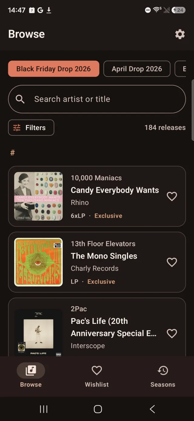 The Android app’s Browse screen for Black Friday Drop 2026: 184 releases, starting with 10,000 Maniacs, 13th Floor Elevators and 2Pac