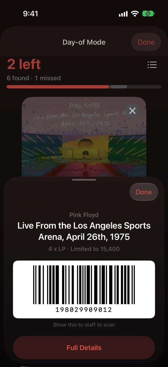 Details sheet with a scannable barcode for Pink Floyd’s Live From the Los Angeles Sports Arena and the note: Show this to staff to scan