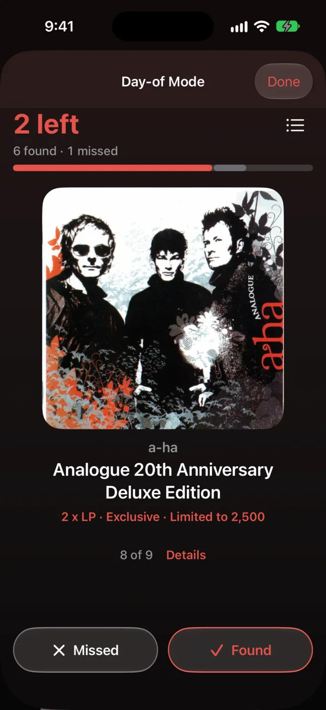 Day-of Mode showing one record at a time: a-ha’s Analogue, 2 left, 6 found and 1 missed, above Missed and Found buttons