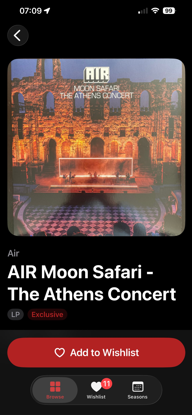 Release detail view showing AIR Moon Safari with Add to Wishlist button