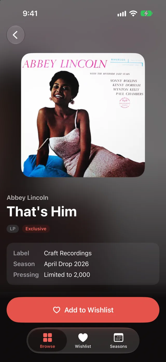 Release page for Abbey Lincoln’s That’s Him, the cover’s colors filling the screen, with label, season and pressing size above an Add to Wishlist button