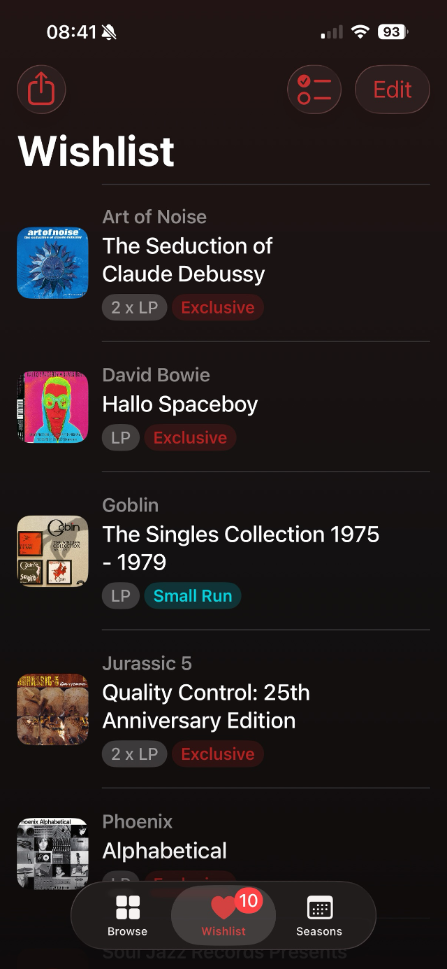 Wishlist screen with ranked album list and drag handles