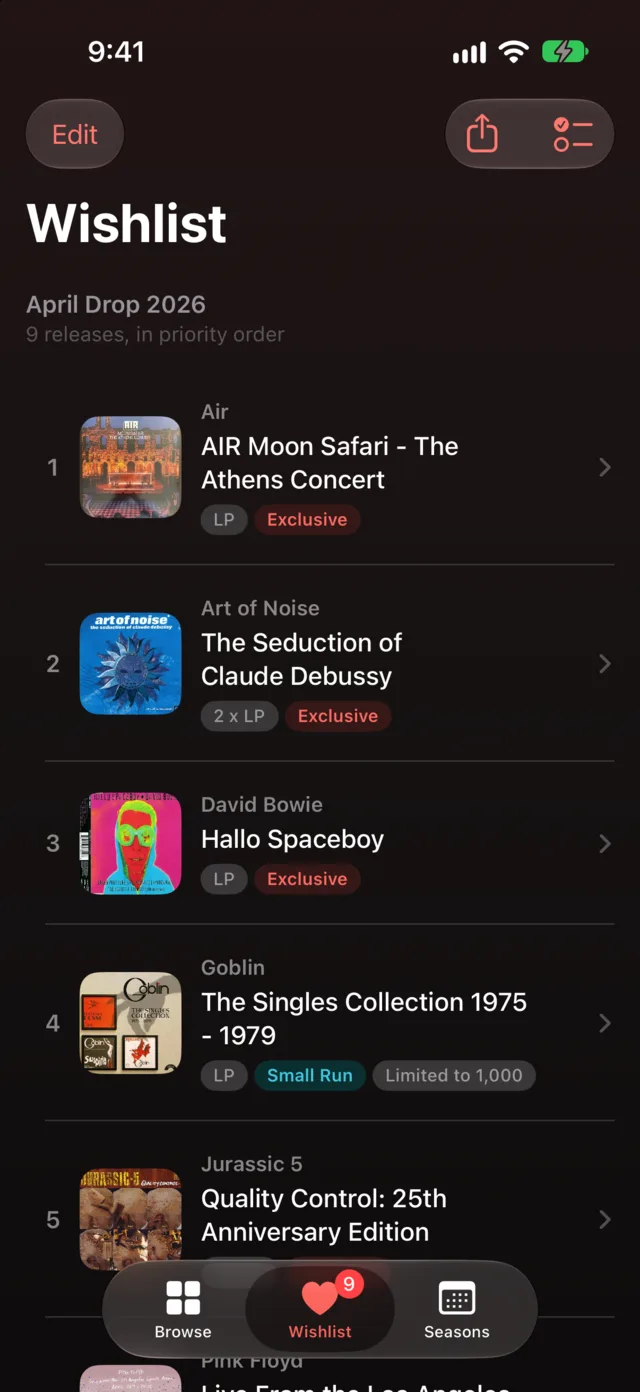 Wishlist of 9 releases ranked in priority order, led by AIR’s Moon Safari, with a 9 badge on the Wishlist tab
